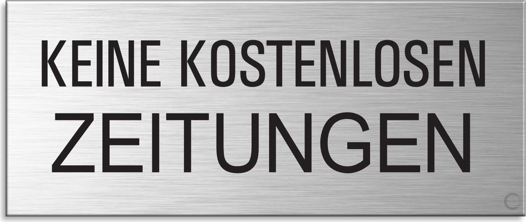 Schild Keine k. Zeitungen Briefkastenschild Aluminium Edelstahloptik 60x25 selbstklebend