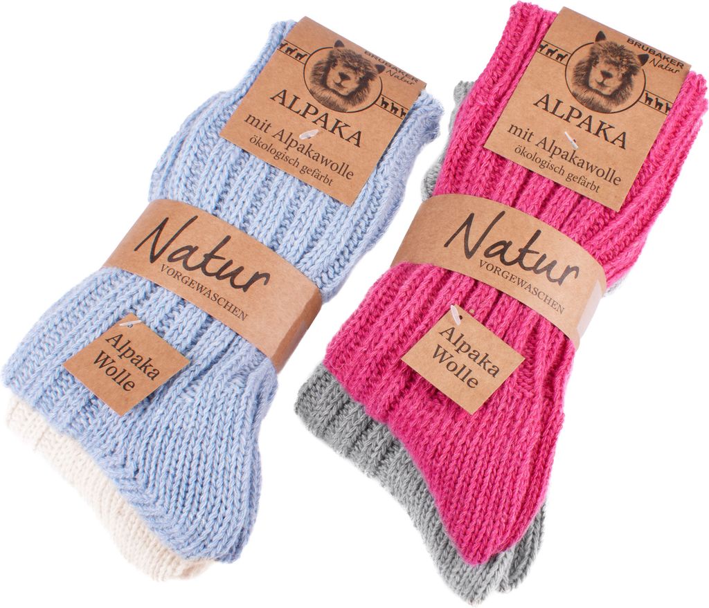 BRUBAKER 4 Paar Alpaka Socken mit Alpakawolle - Wintersocken Set für Damen und Herren, Blau, Pink, Beige und Grau, 35-38