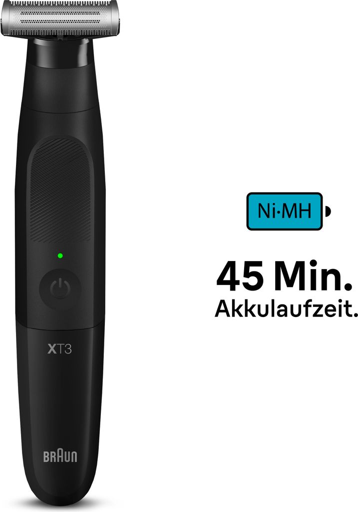 A black Braun Series X XT3 electric trimmer is shown on a white background, with marketing text and icons indicating battery life.