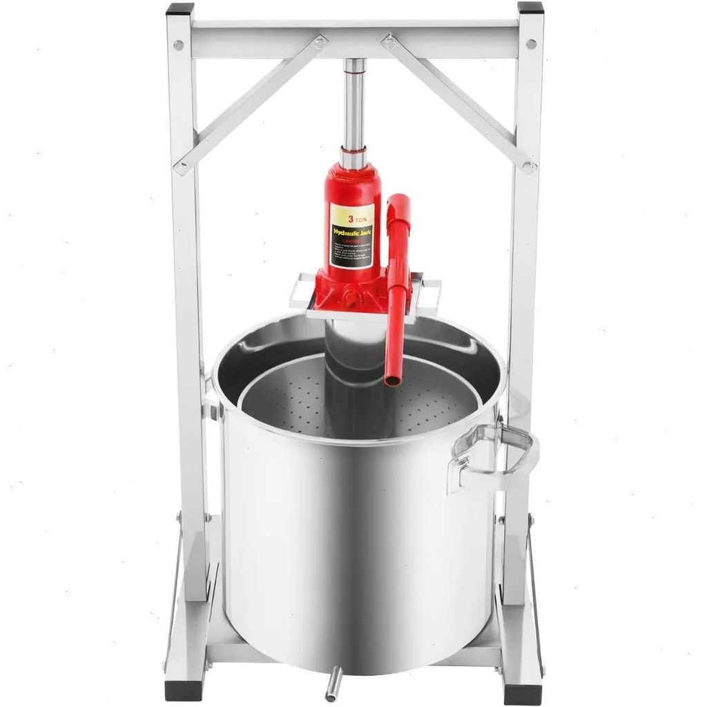 Fruchtpresse - Hydraulische Weinpresse - Edelstahl 304 - Außenbehälter 22 L - Filterkorb 11 L - Mit Wagenheber & Rahmen - Vertikal - Max. Belastu...