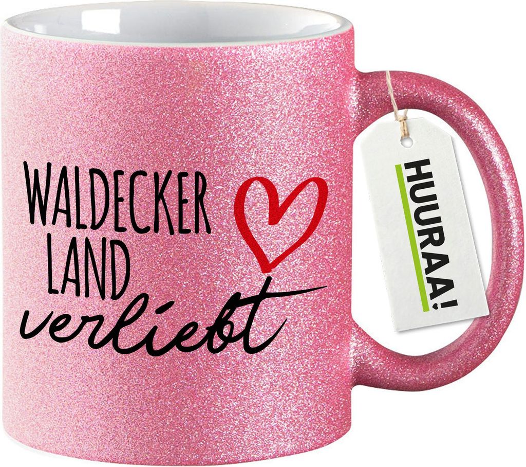 Huuraa Glitzertasse Waldecker Land verliebt 330ml Pink Keramik Kaffeebecher Geschenkidee