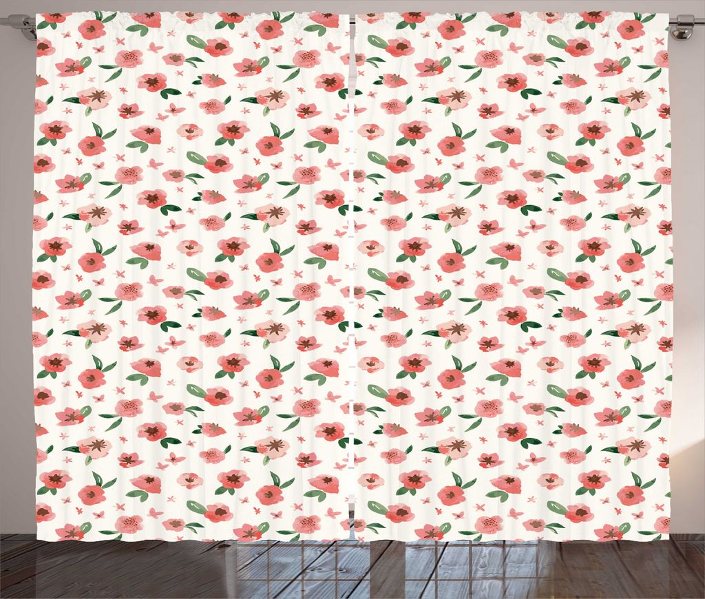 ABAKUHAUS Aquarell Rustikaler Vorhang, Handgemalte wie Poppy, Wohnzimmer Universalband Gardinen mit Schlaufen und Haken, 280 x 225 cm, Coral Ivory ...