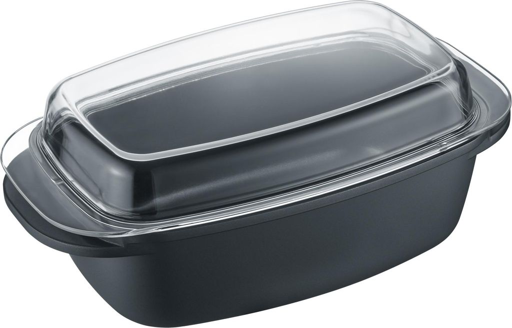 A dark gray baking dish with a clear lid, shown from a diagonal angle against a white background.