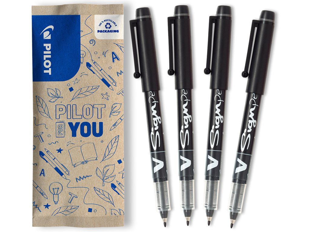 PILOT VSign Pen 1.0 Fineliner 4er Set - präziser Faserschreiber, 0.6mm, Schwarz