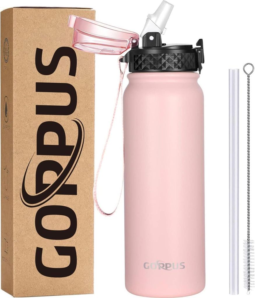 GOPPUS 600ml/20oz Edelstahl Wasserflasche mit Strohhalm Trinkflasche Sport Thermosflasche Auslaufsicher Flasche Water Bottle Straw Thermoflasche
