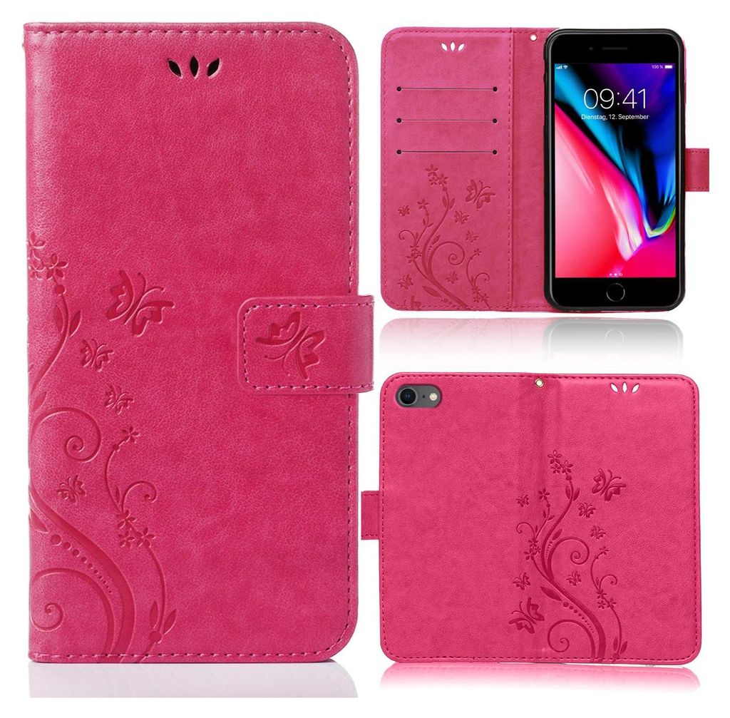 A collage of images showing a pink bookstyle phone case with a floral design, both open and closed, and a phone inside.