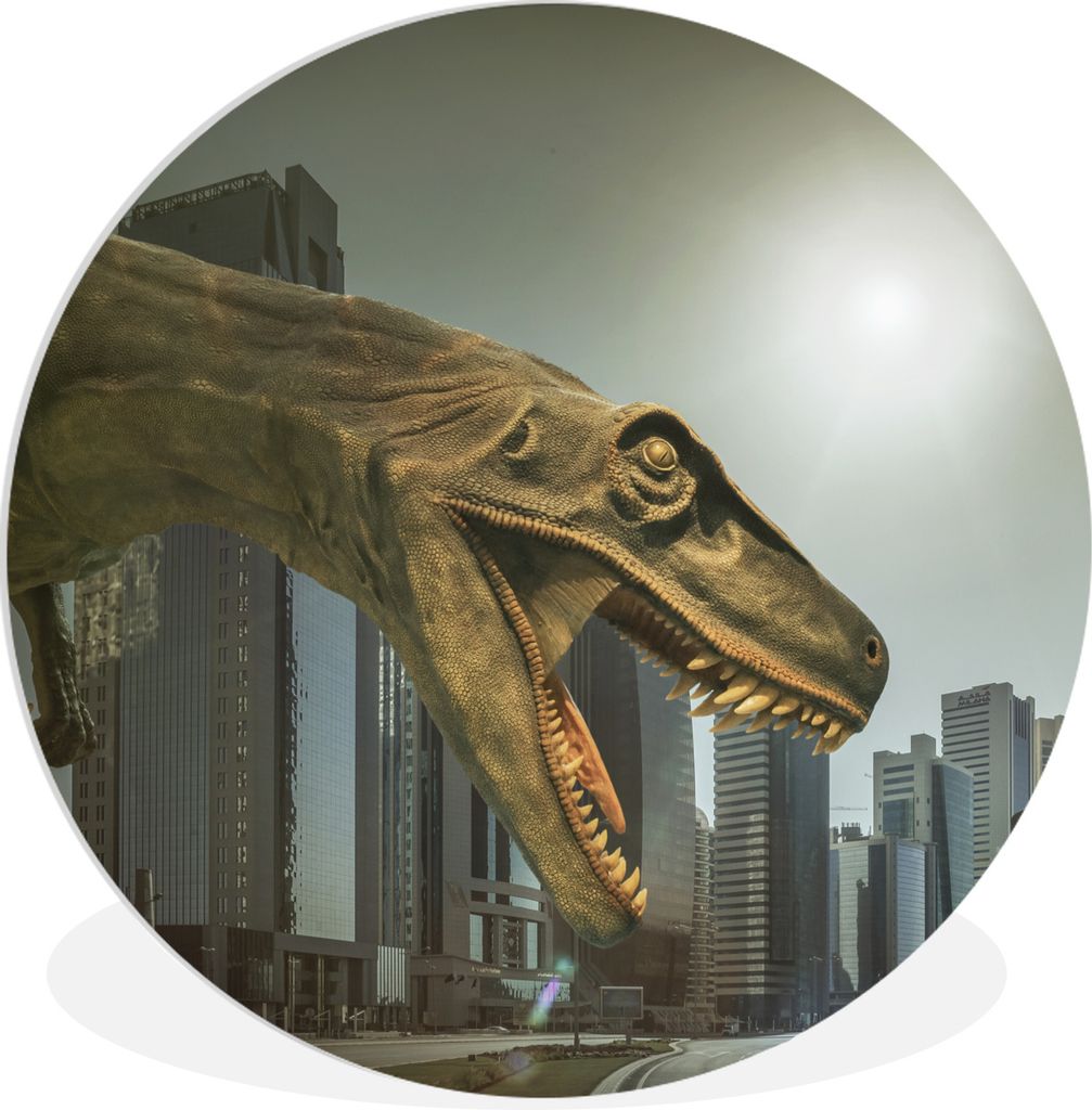 MuchoWow Rundes Wandbild - Runde Bilder Dinosaurier - Stadt - Kopf Ø 90 cm Kreis Wanddekoration Kunststoff - Wandkreis - Wandschmuck - Wand-Krei...
