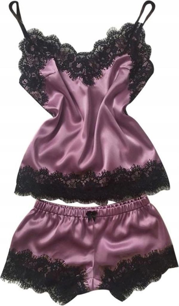 Pyjama - Nachtwäsche-Set - für Damen - Satin - Nachthemd mit Shorts - mit Spitze - Einheitsgröße - Violett