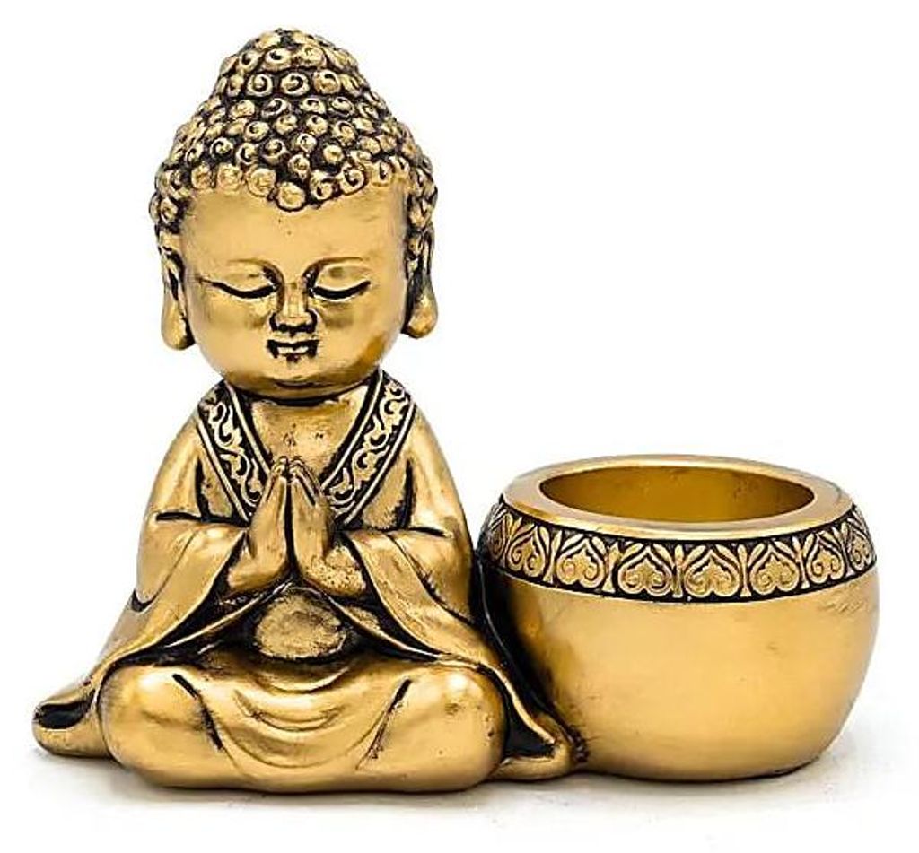 Svícen na čajovou svíčku Modlící se Buddha Levá zlatá barva Obrázek produktu 