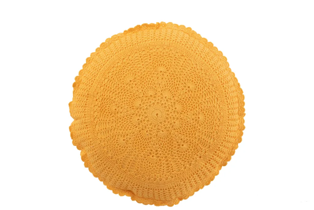 Coussin Rond en Coton Ocre avec Dentelle Mia - Décoration de Salon