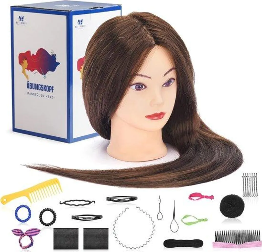 Mannequin coiffure pour s'entraîner : 71 cm de cheveux bruns + support