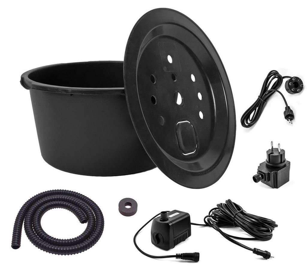 CLGarden Set Springbrunnenpumpe SP1 mit 90l Becken GFK Abdeckung PE Wasserbehälter Springbrunnenbecken Gartenbrunnen DIY LED Beleuchtung 12V Pumpe