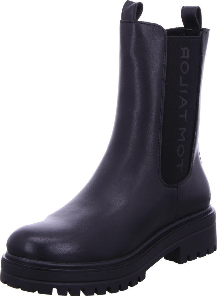A black Chelsea boot with a thick sole is shown against a white background.