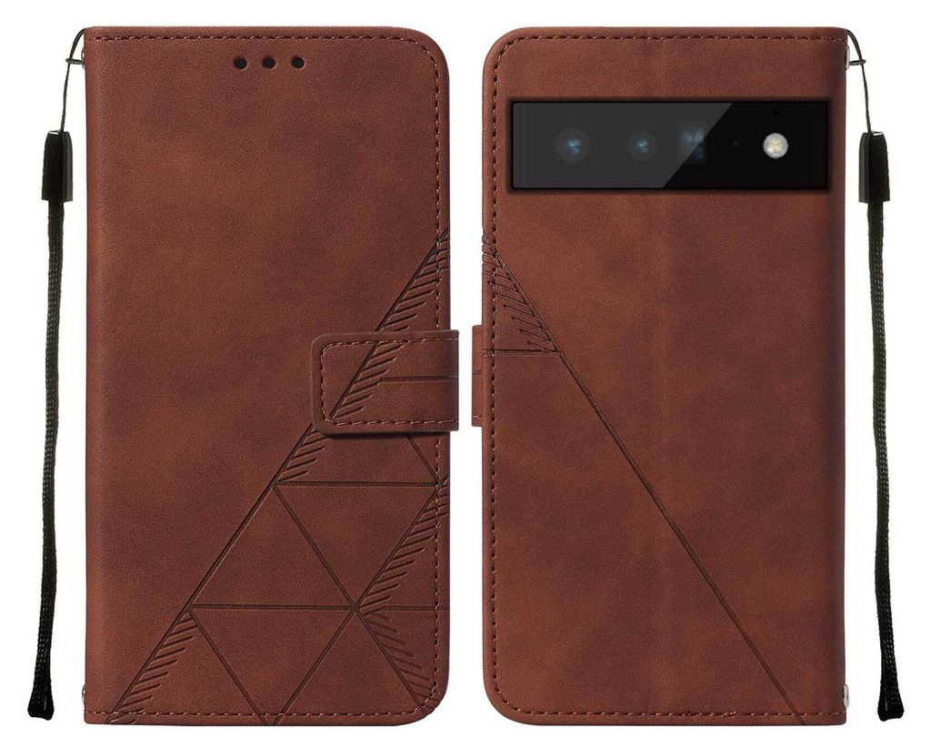 A brown leather phone case for a Google Pixel 6 Pro, shown open and closed.