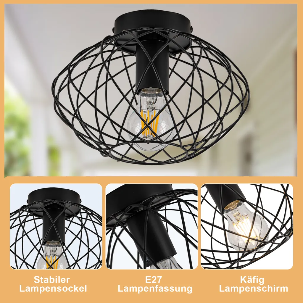 Plafonnier Retro Noir Ø 25cm E27 Éclairage Compact Petit Espace - 3