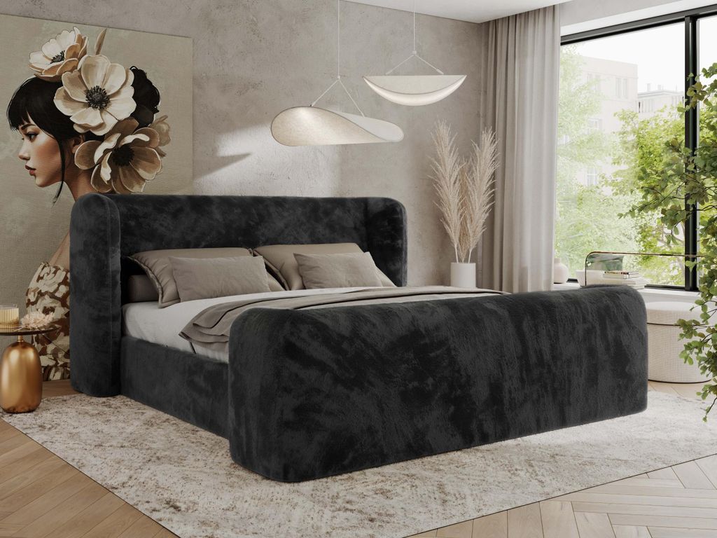 MKS MEBLE Doppelbett Polsterbett mit Lattenrost 160x200 EMORA CLASSIC DUO Bett mit Kopfteil Foam Matratze MIRO LUX Dunkelgrau Plüsch