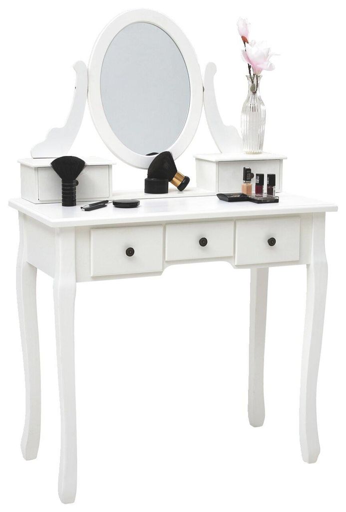 Schminktisch SIMONE Weiß mit verstellbarem Spiegel, fünf Schubladen, geschwungenen Beinen, 81x128,5x41 cm (BxHxT)