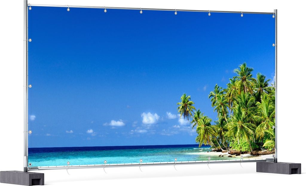 Wallario XXL Outdoor-Poster für Garten oder Balkon, Motiv Blauer Himmel weißer Strand Palmen und das tiefblaue Meer, in ca. 340 x 173 cm