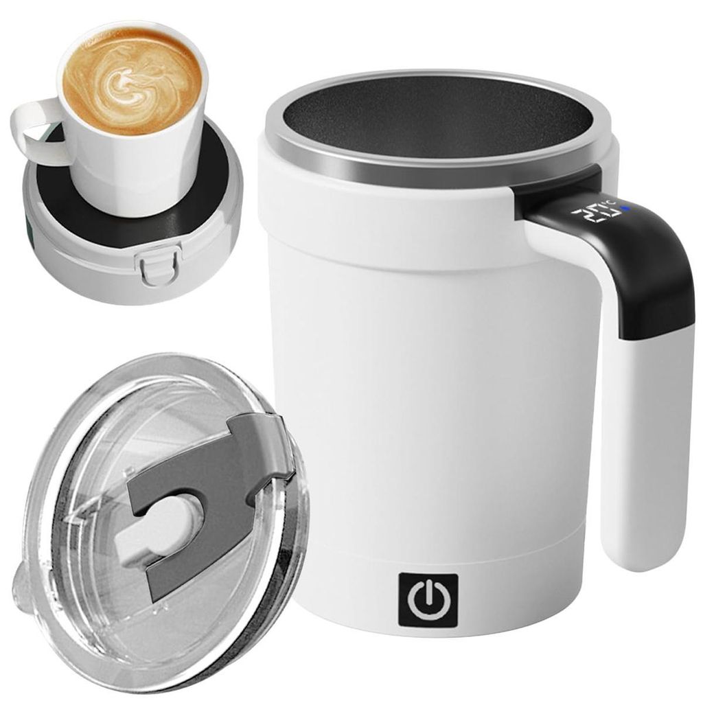 A collage of images showing a white self-stirring mug with a black handle and digital display, a close-up of the mug's lid, and a separate mug warmer with a mug on it.