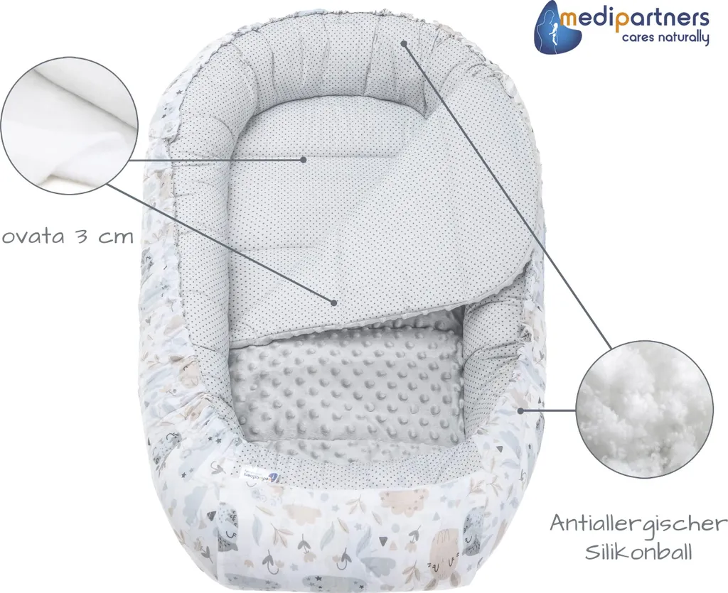 Cocon bébé réversible minky gris et coton doux, format 100 x 60 cm - 2