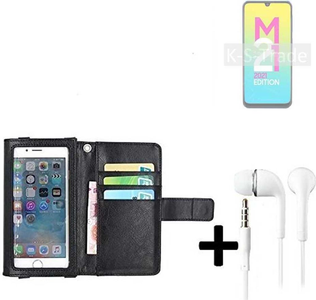 K-S-Trade Handyhülle + Kopfhörer kompatibel mit Samsung Galaxy M21 2021 Schutzhülle Case mit Displayschutz / Schutzfolie schwarz + Kopfhörer Flip
