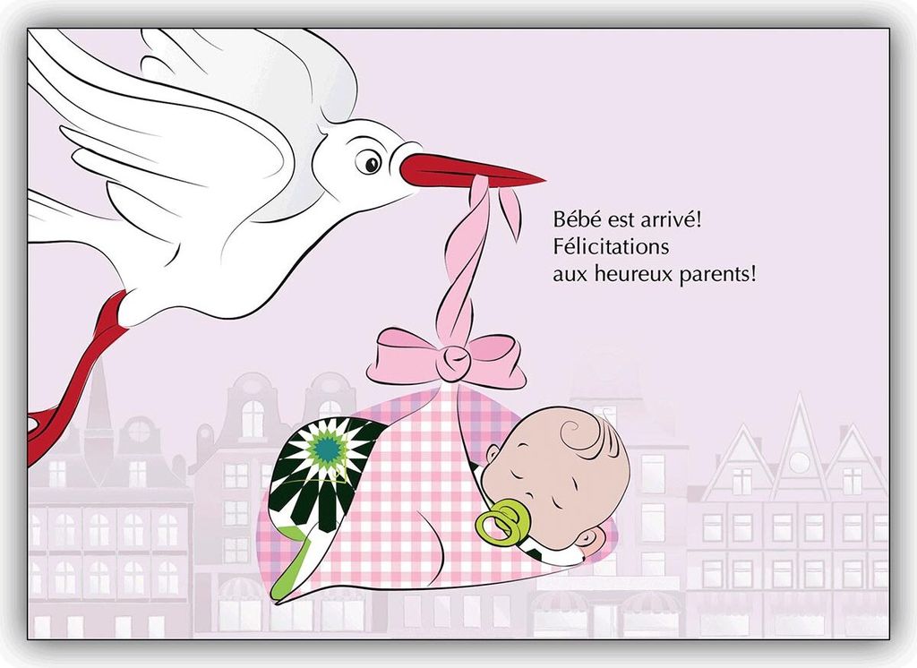 Französische Babykarte (Mädchen) mit Storch und Baby Girl
