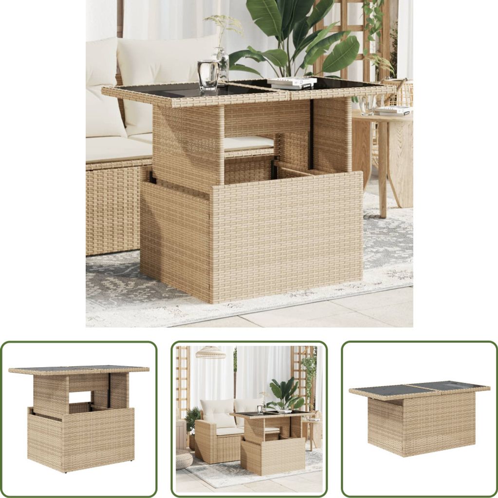 The Living Store Gartentisch mit Glasplatte Beige 100x55x73 cm Poly Rattan