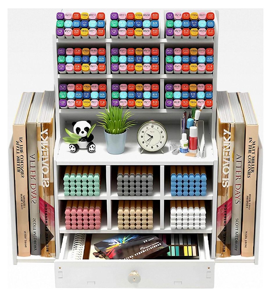 Vielseitiger Schreibtischorganizer, platzsparender Desk-Organizer, Stiftehalter in Weiß, mit 15 Fächern, 1 Schublade und 2 Buchhaltern für Büro...