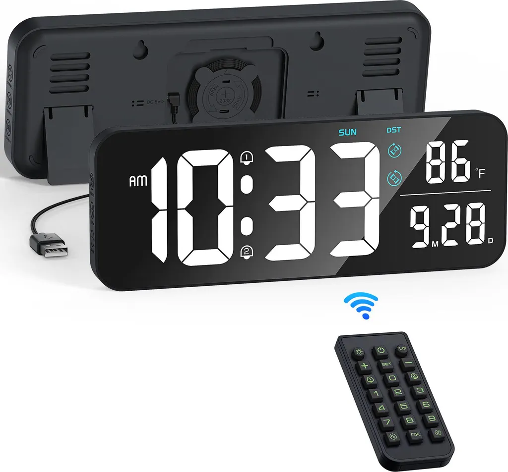 Grande horloge murale LED 3D noire avec thermomètre et réveil digital