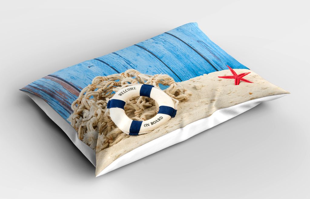 ABAKUHAUS Boje Kopfkissenbezug, Rettungsring mit Begrüßungsnachricht am Strand Küstenlinie Vintage Bild Druck, 40x80 cm, Eischale Blau Rot