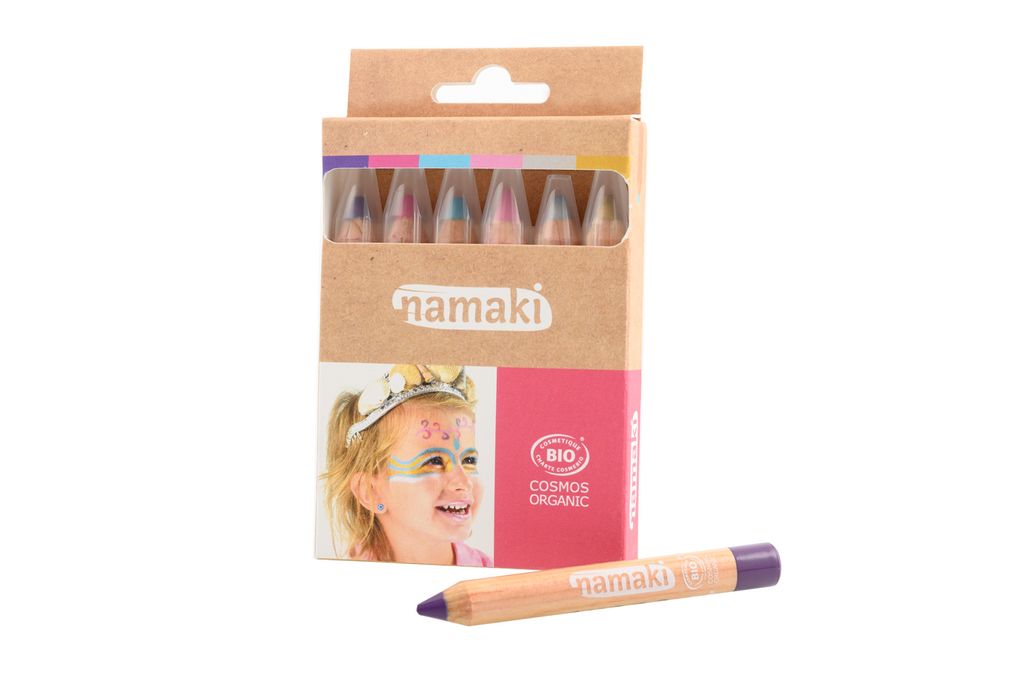 A box of Namaki organic face paint crayons with a child's face painted in the foreground.