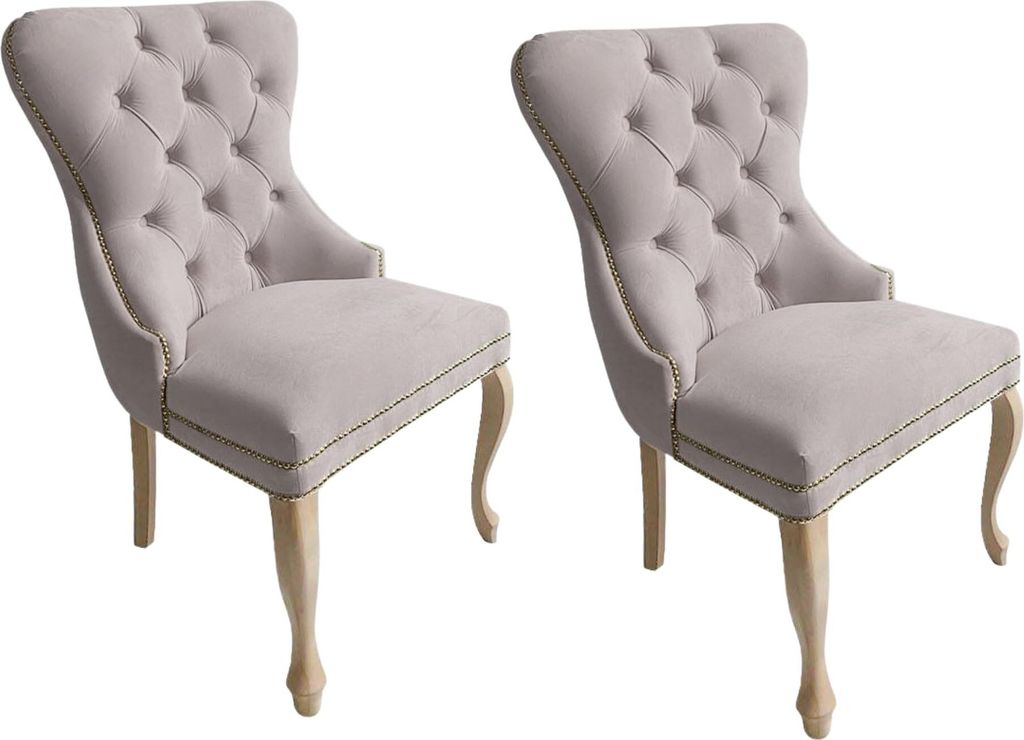 Meble Ares Esszimmerstühle 2er Set MADAME - Glamour Stil - Samt Stuhl Esszimmer - Buchenholz, Gesteppt, Hellgrau - Rustikal