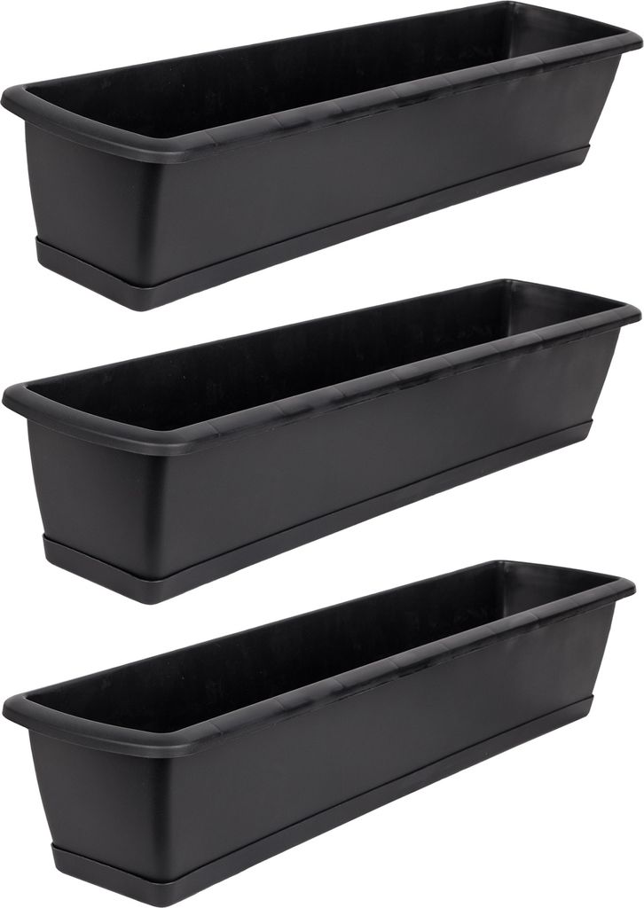 BigDean 3er Set Blumenkasten mit Untersetzer 80 cm lang anthrazit - aus PP-Kunststoff - Balkon Pflanzkasten schmal Balkonkasten