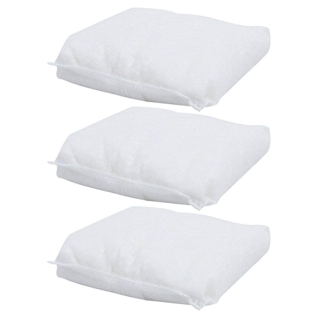 Three white, square-shaped dehumidifier refill packs are stacked vertically against a white background.