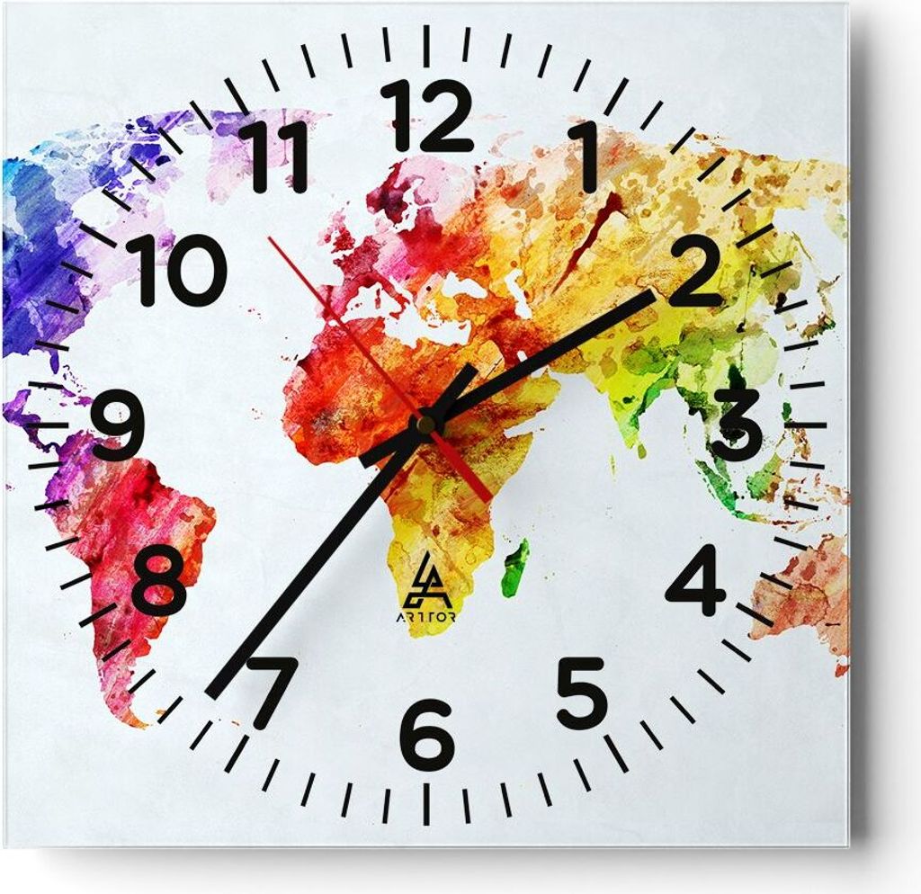 Wanduhr - Quadrat - Glasuhr - Welt Karte Bunt Kontinente - 40x40cm - Schleichendes Uhrwerk - Lautlos - zum Aufhängen bereit - Dekoration Modern - ...
