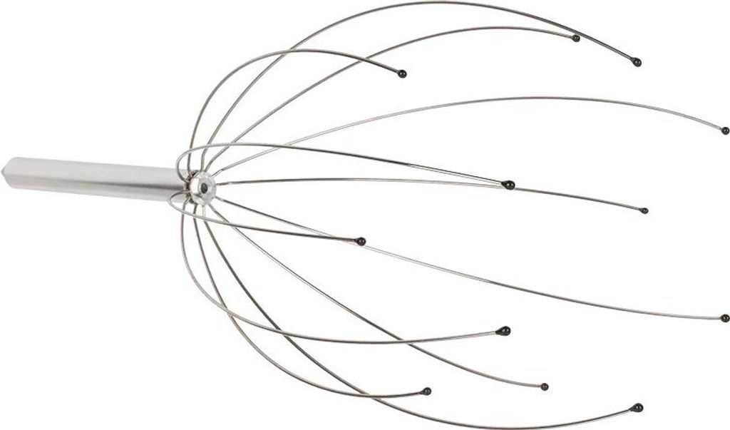 A metal head massager with multiple flexible metal prongs extending from a silver handle.