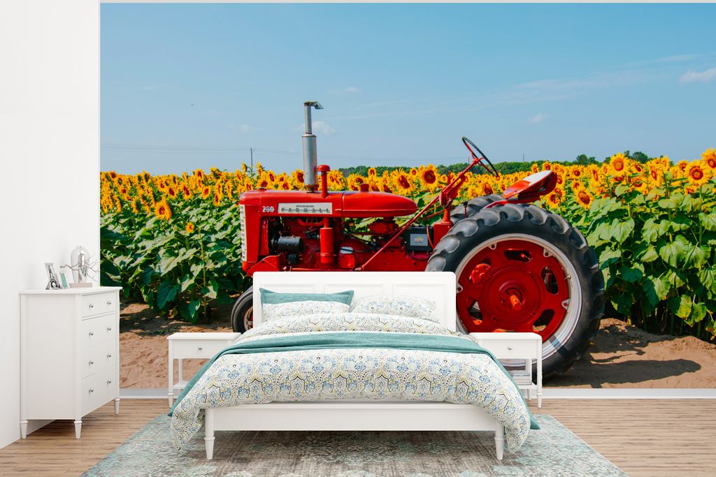 MuchoWow Fototapete für Wohnzimmer oder Schlafzimmer Wandtapete Vinyl Motivtapete Traktor - Rot - Sonnenblume - Bauernhof - Blumen - 400x300 cm ...