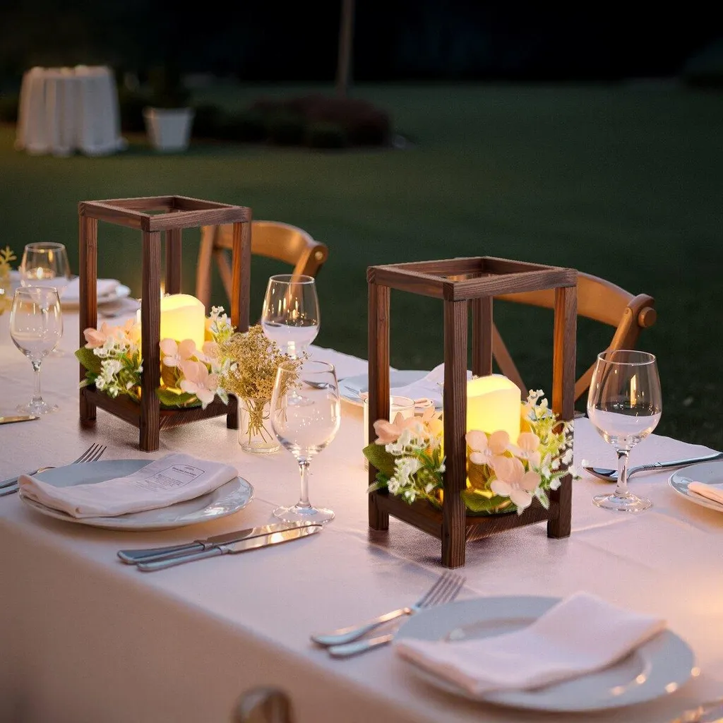 Centre de table mariage sécurisé : 20 lanternes bois avec bougie LED - 8