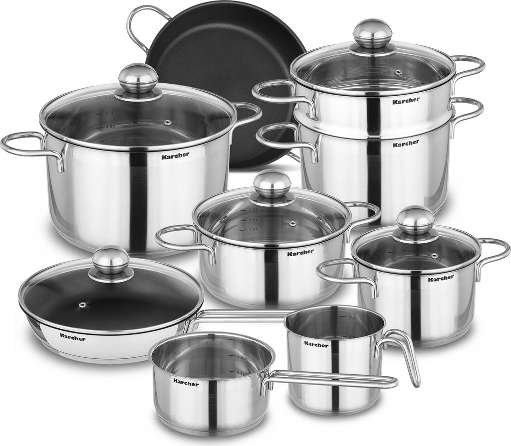 Inklusive Thermogrips Karcher Aluguss Topfset 12-teilig - Mit Teflon  Antihaft, Glasdeckel, Für Alle Herde (außer Induktion) Induktions Töpfe Set, image size:1024x895