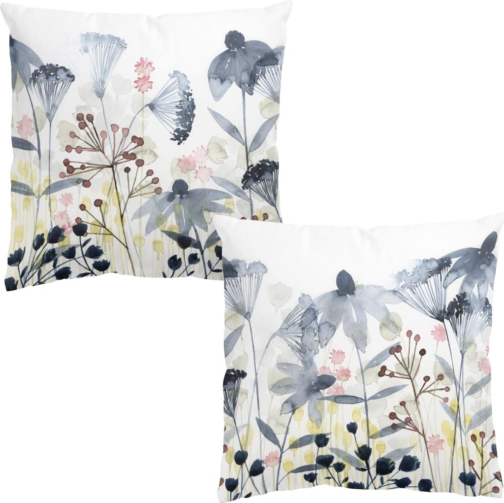 Dekokissen 2-teilig Blumen draußen / Outdoor Zierkissen waschbar Blumenwiese blau Aquarell Sofakissen ohne Füllung