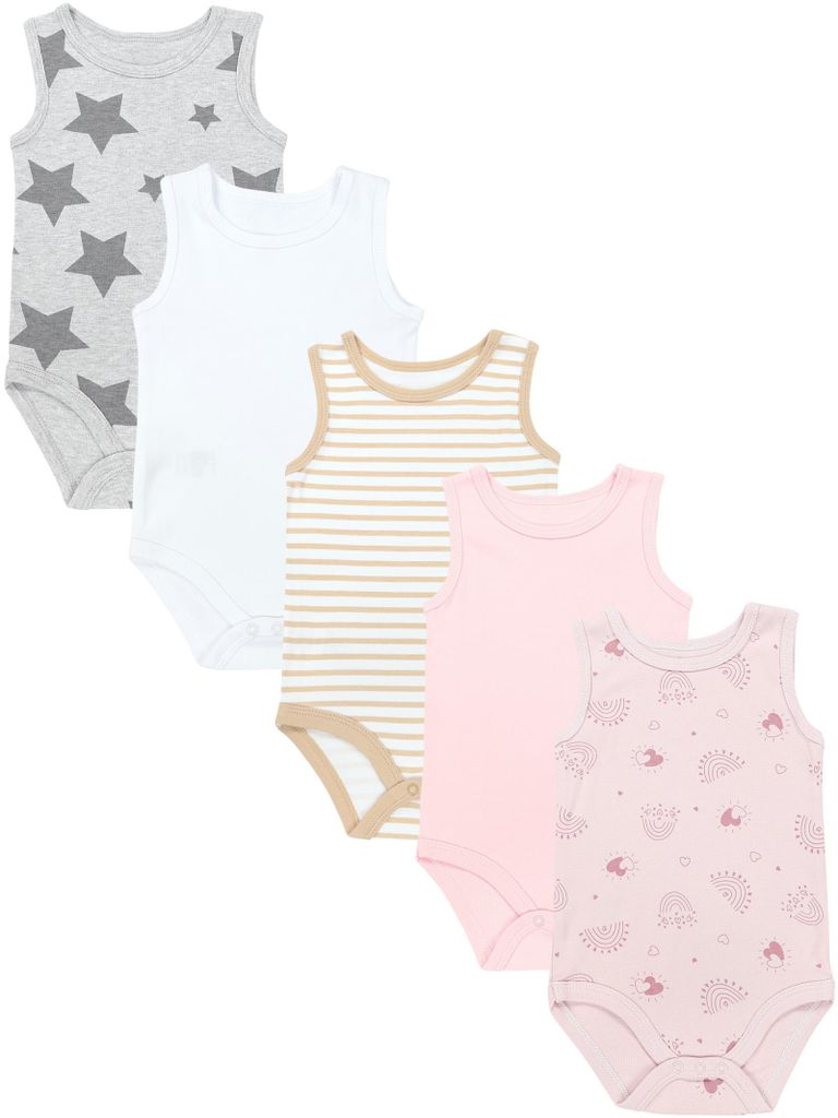 TupTam Baby Body Mädchen 5er Pack – Ärmelloser Body Baby aus Baumwolle, Ideal als Unterwäsche oder im Sommer, Farbe: Sterne_Weiß_Pink_Streife...