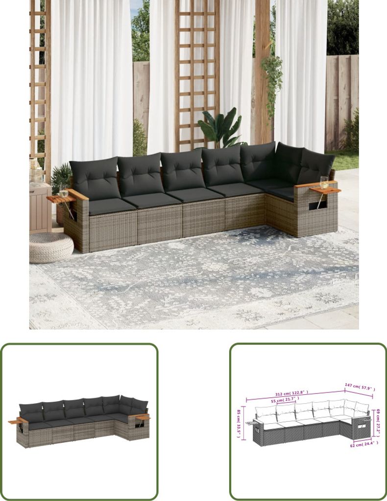 The Living Store 6-tlg. Garten-Sofagarnitur mit Kissen Grau Poly Rattan