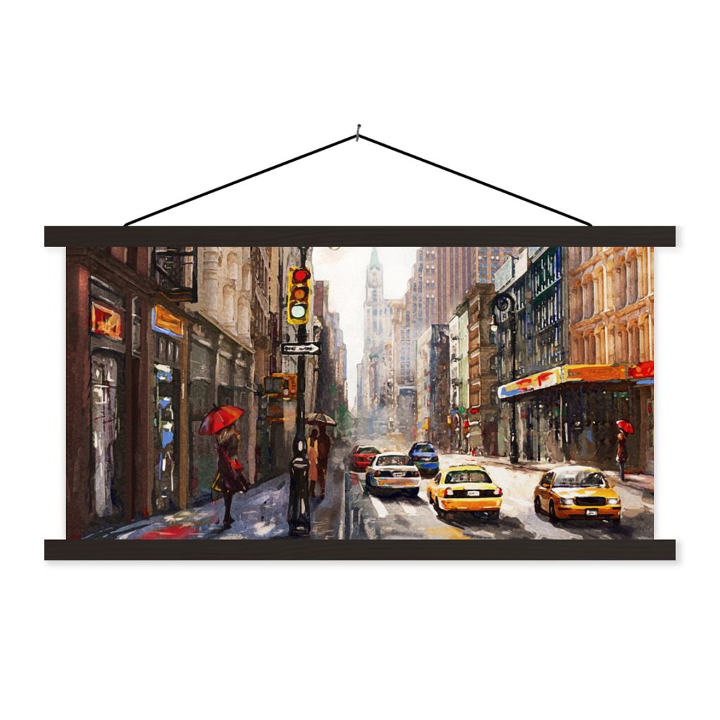 MuchoWow Textilposter Gemälde - Stadt - Auto - Öl 150x75 cm mit schwarzem Rahmen - Posterleiste