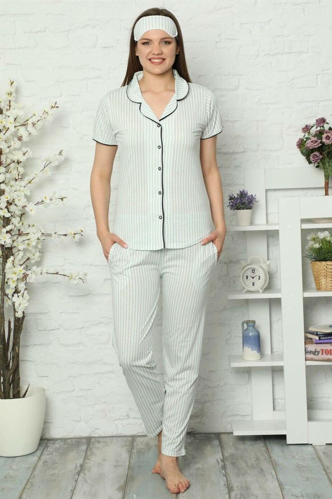 Damen Pyjama Schlafanzug Grün XXL Kurz Baumwolle mit Knöpfen 2 Teiler S-96