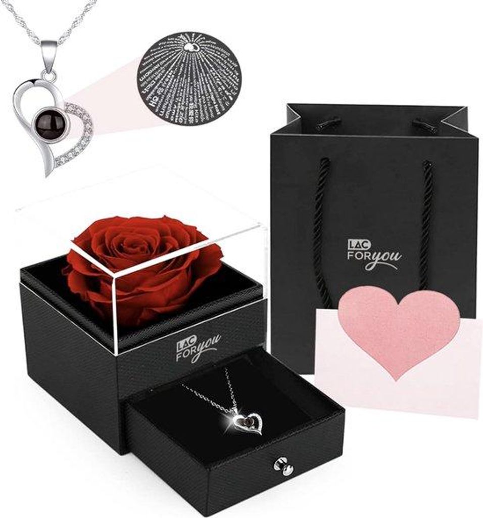 Ewiges Blumenarrangement mit Schmuck – Geschenk für Frauen – Weihnachten, Geburtstag oder Muttertag – Luxusgeschenkbox