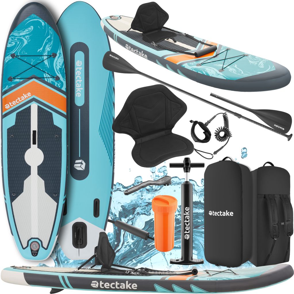 A collection of stand-up paddleboard accessories and boards arranged on a white background with a water-like effect.