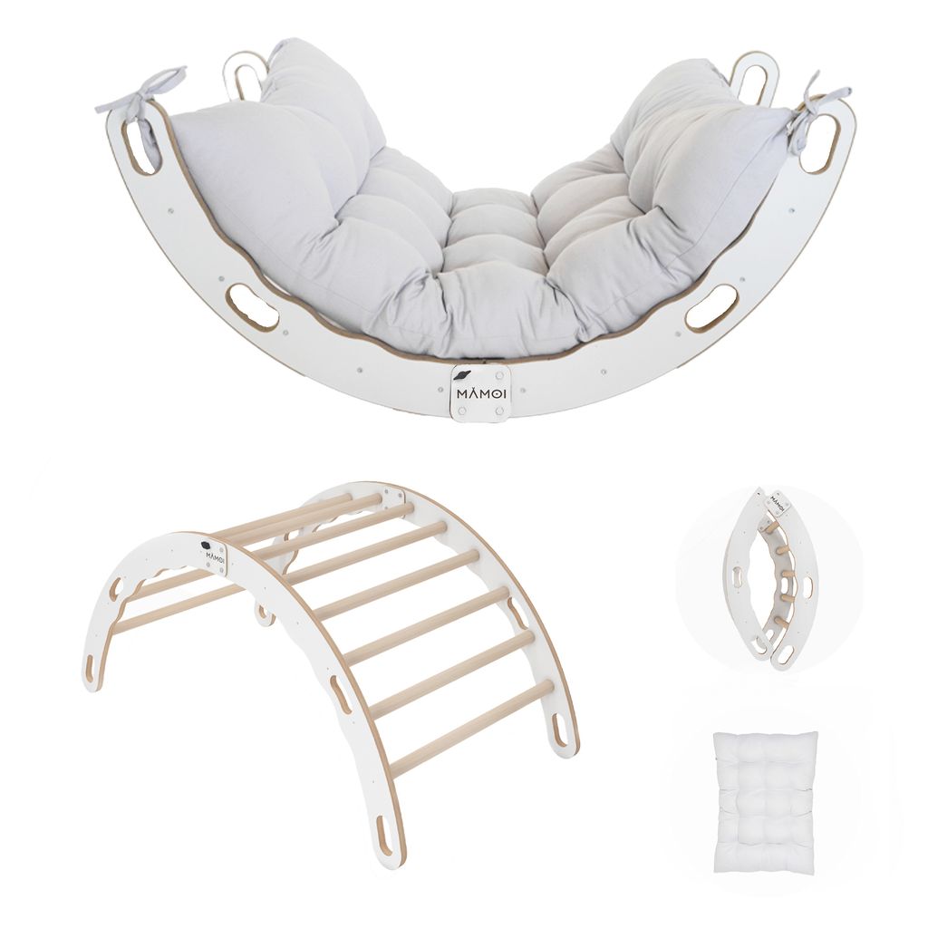 MAMOI Kletterbogen mit Kissen, Kissen für Regenbogenwippe aus Holz, Kletterdreieck, Baby Klettern, Holzbogen für Kinder, Spielplatz, Kletterger...