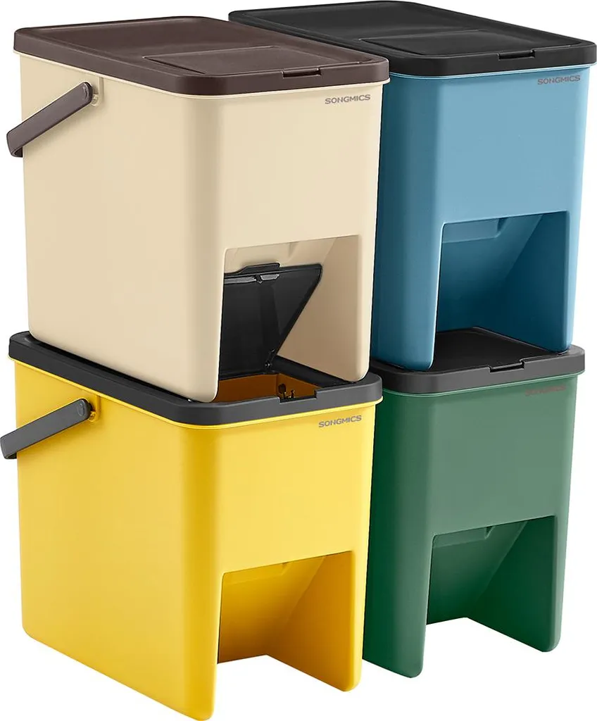 Lot de 4 poubelles de 20L avec autocollants de tri sélectif inclus