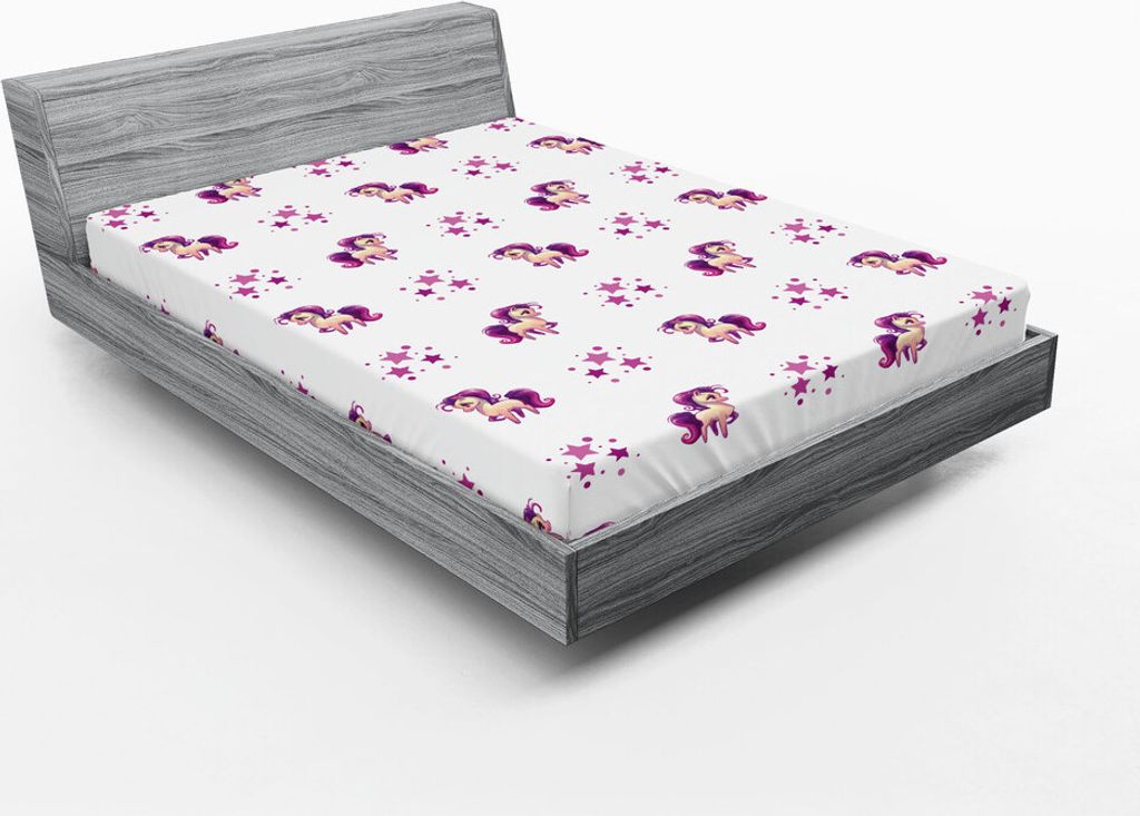 ABAKUHAUS Einhorn Spannbetttuch, Kleines Mythische Pferdepony Einhorn Mit Sternen Punkten Fantasie Grafik Druck, 160 x 200 cm, Violett und Weiß