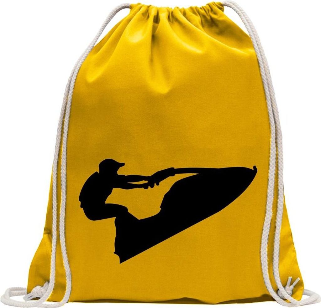 Kiwistar - Turnbeutel - gelb - Jet-Ski Jetboot Fahrer Figur - Fun Rucksack Sport Beutel Gymsack Baumwolle mit Ziehgurt